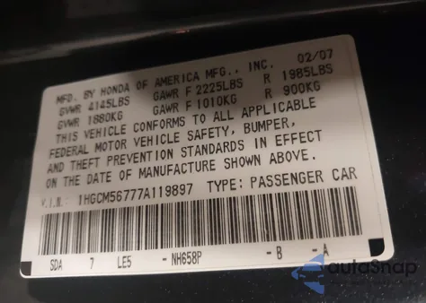 2007 Honda Accord 2.4 Ex из США, поврежденный, VIN 1HGCM56777A119897